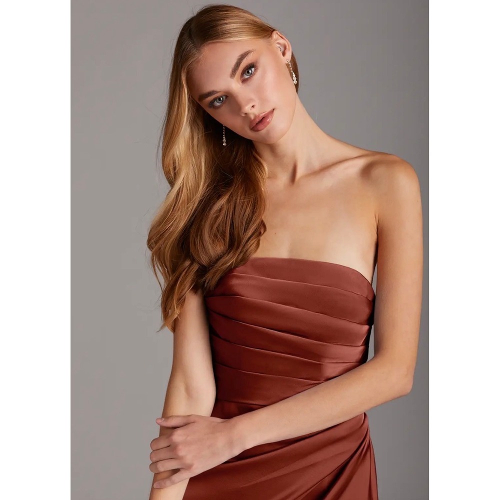 Azazie Brown Satin Strapless Pleated Midi Bridesmaid Dress Womens Size 4